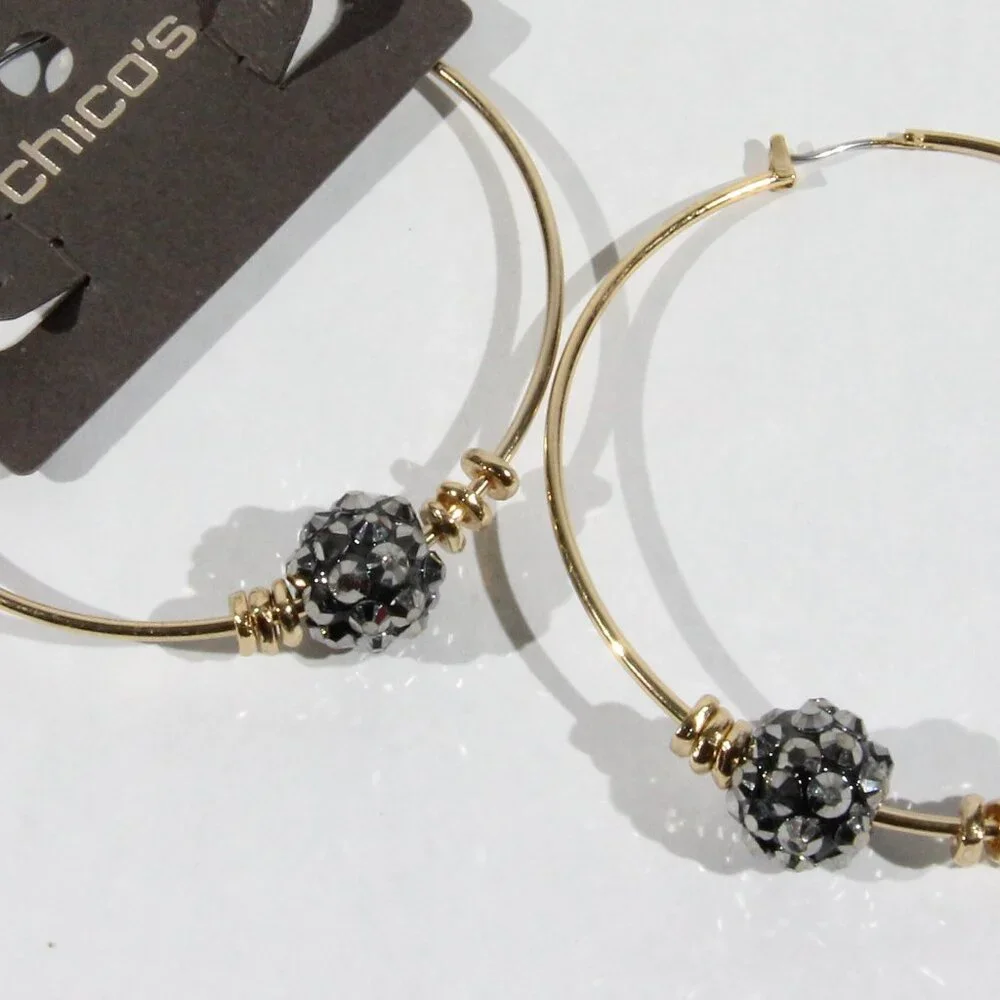 NWT Chico's Gold Tone Earrings with Gunmetal Rhinestone-Encrusted Beads. - Picture 6 of 7